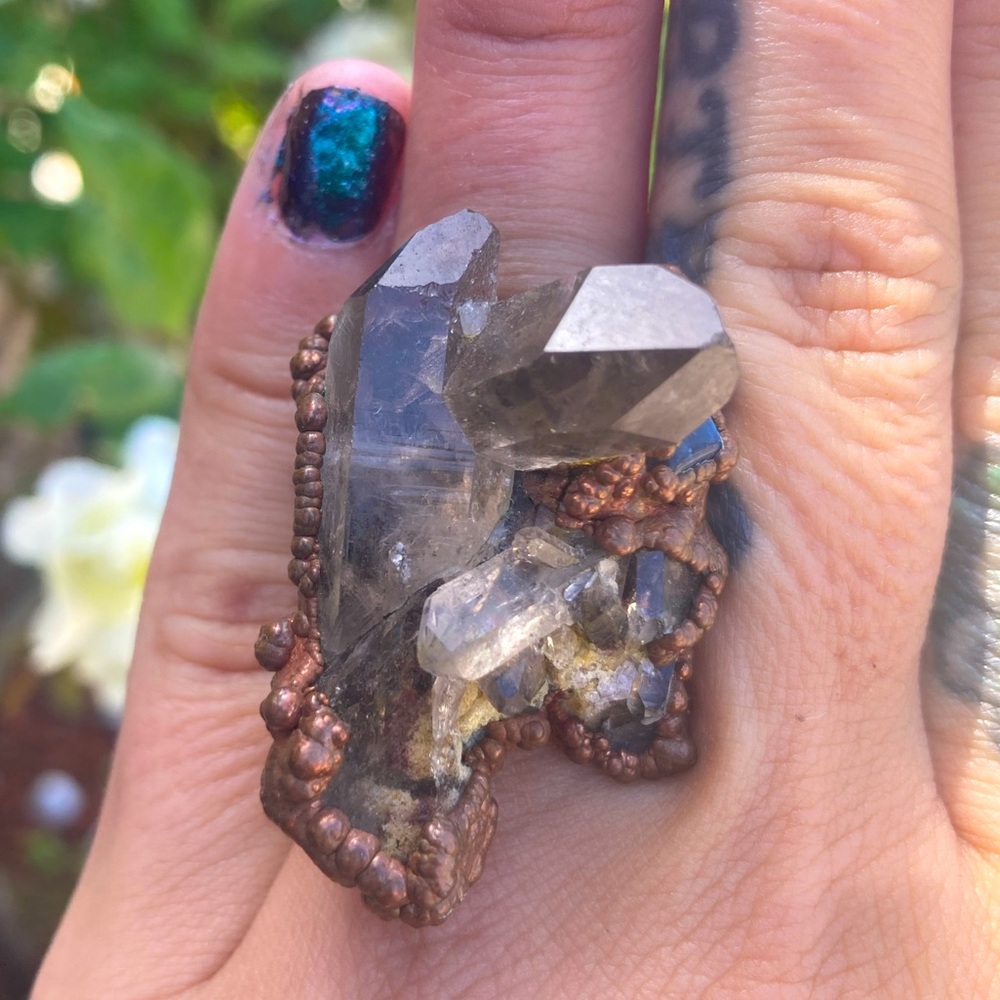 Custom Handmade Smoky Quartz and Labradorite Raw Crystal Copper Statement Ring